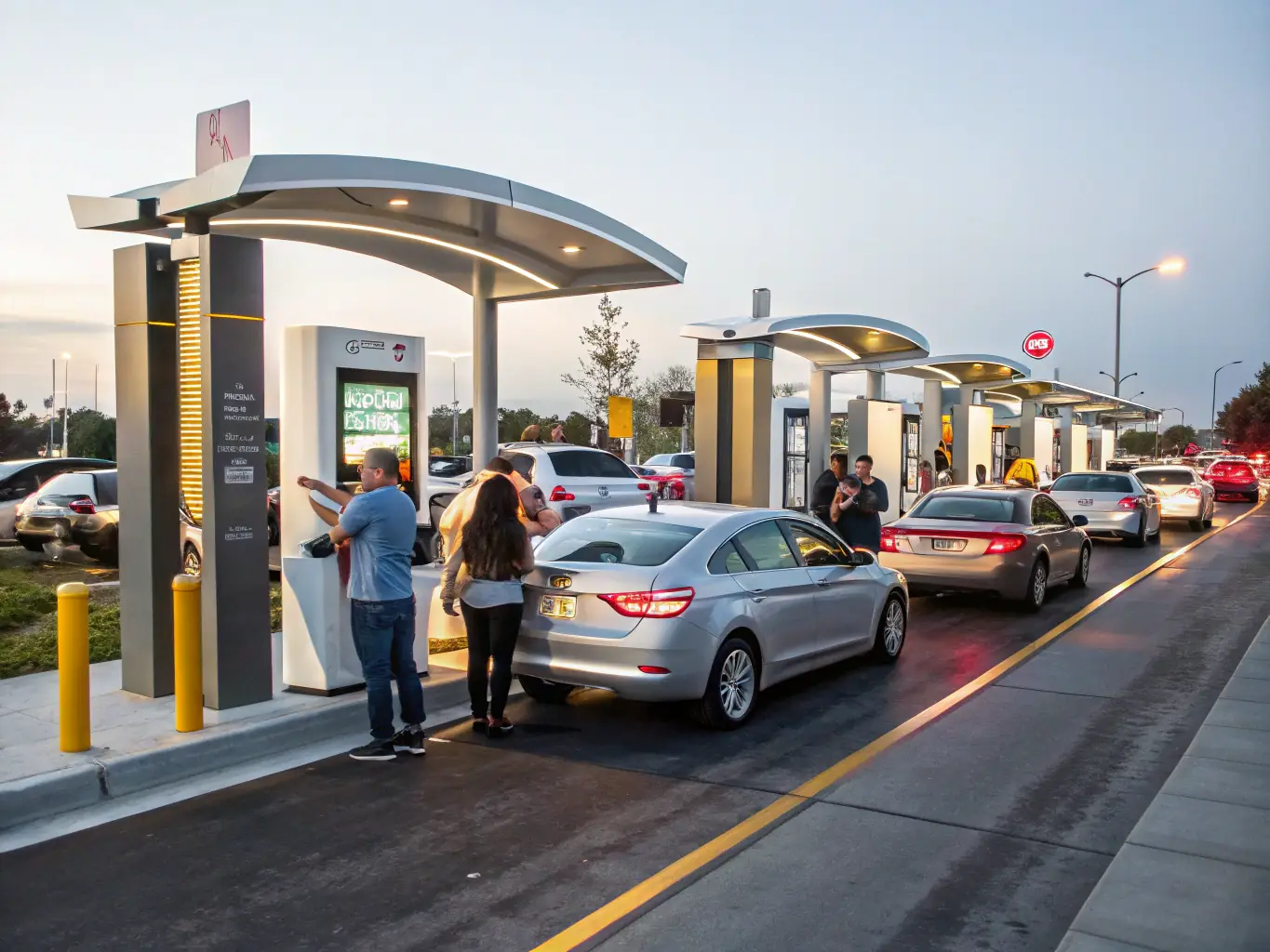 A busy fast-food drive-thru lane. Cars are moving quickly and efficiently as customers place their orders at Drivingo kiosks. The scene conveys speed, convenience, and a seamless ordering experience.