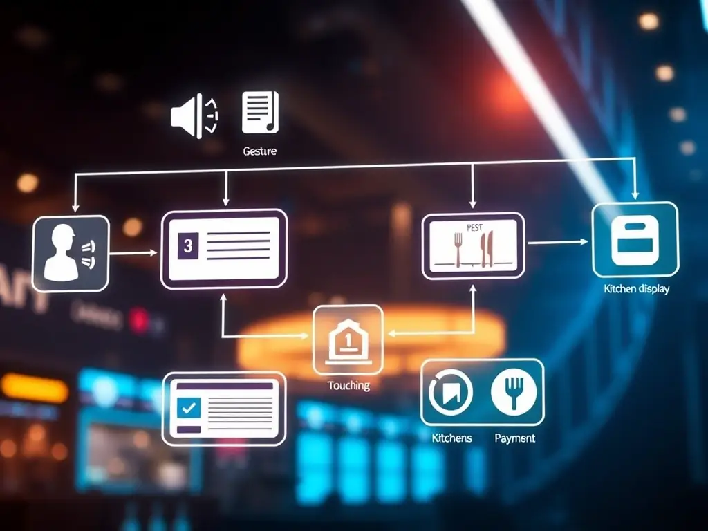 A visual representation of the data flow within the Drivingo system, highlighting how customer orders are processed from the initial input (voice, gesture, touch) to the final output (order confirmation, kitchen display system updates, payment processing).