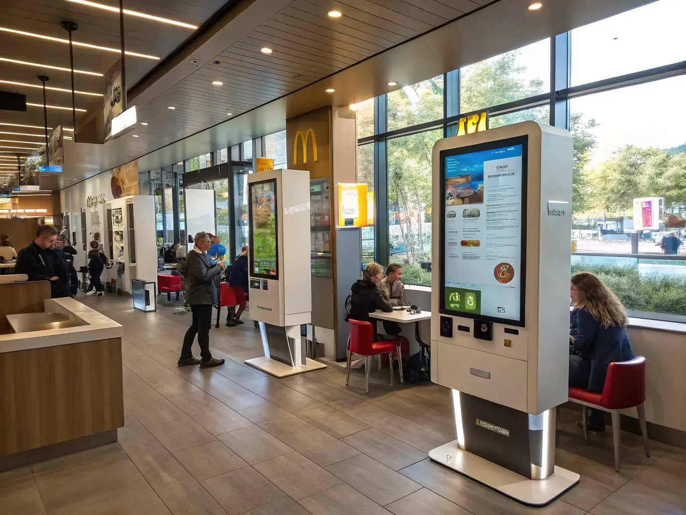 A brightly lit, modern fast-food restaurant interior. A customer is interacting with a Drivingo kiosk, placing an order using the touchscreen interface. The kiosk is clean, intuitive, and seamlessly integrated into the restaurant's design.