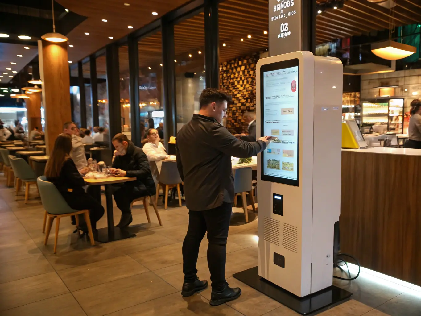A close-up of the Drivingo kiosk touchscreen, showing a user-friendly interface for placing orders.