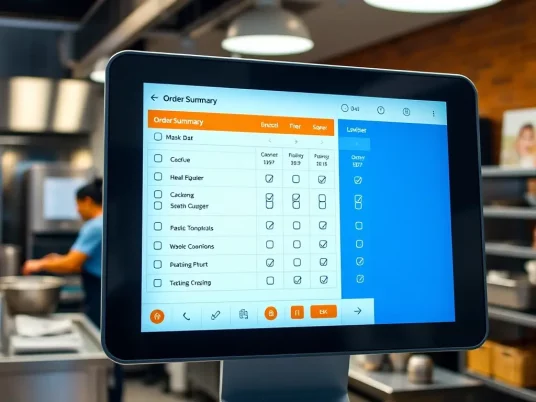 A close-up shot of a Drivingo kiosk displaying a perfectly accurate order summary. The screen is clear and easy to read, with all items listed correctly. The background shows a busy restaurant kitchen.
